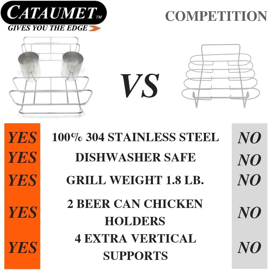 Cataumet BBQ Rib Rack and Beer Can Chicken Holder Smoking Rack Fits Big Egg Style Grills Ovens and Smokers Made with Genuine 304 Stainless Steel