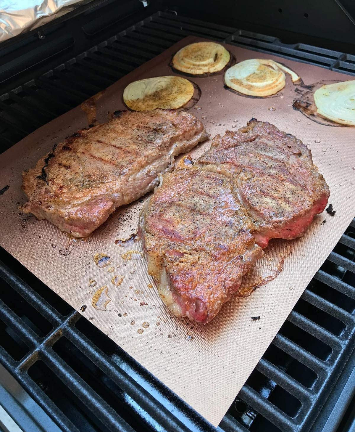 LOOCH Copper Grill Mat Set of 5 - Non-Stick BBQ Outdoor Grill & Baking Mats - Reusable and Easy to Clean - Works on Gas, Charcoal, Electric Grill and More - 15.75 X 13 Inch