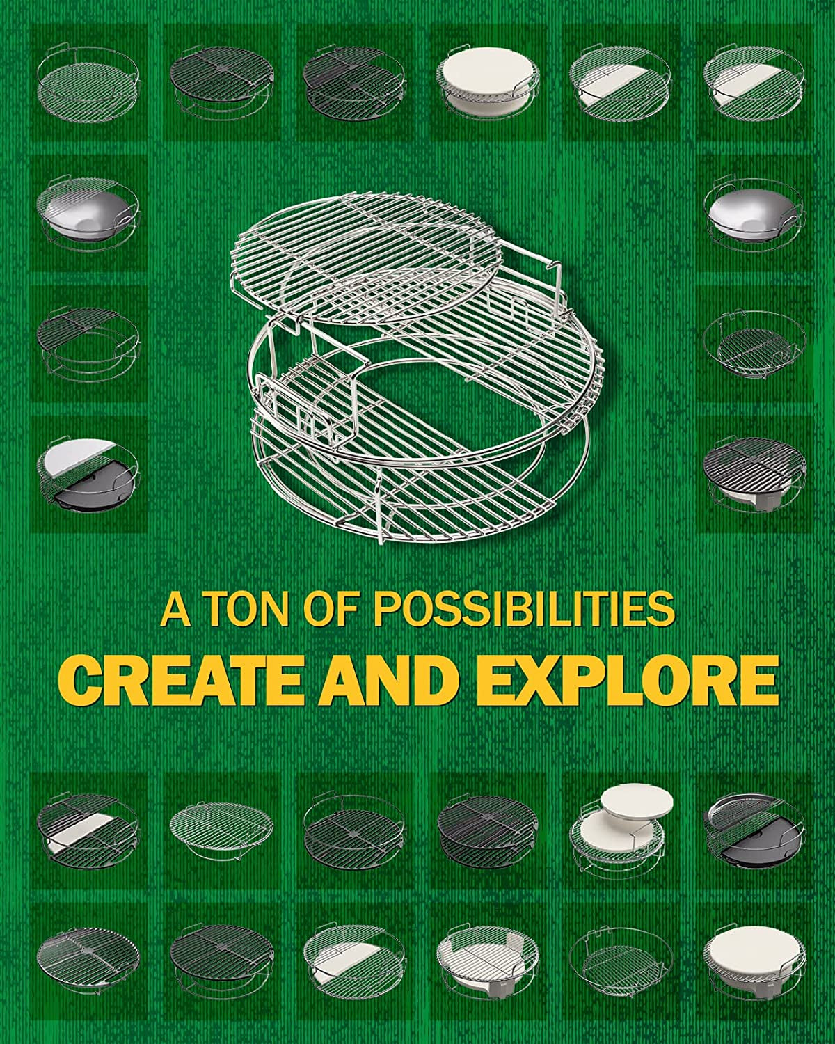 BBQ Expander Rack Kit, Big Green Egg Grill Accessories Large - Includes 2-Piece Multi-Function Rack, 1-Piece Conveggtor Basket, 2 Half-Moon Grids, Heavy-Duty Stainless