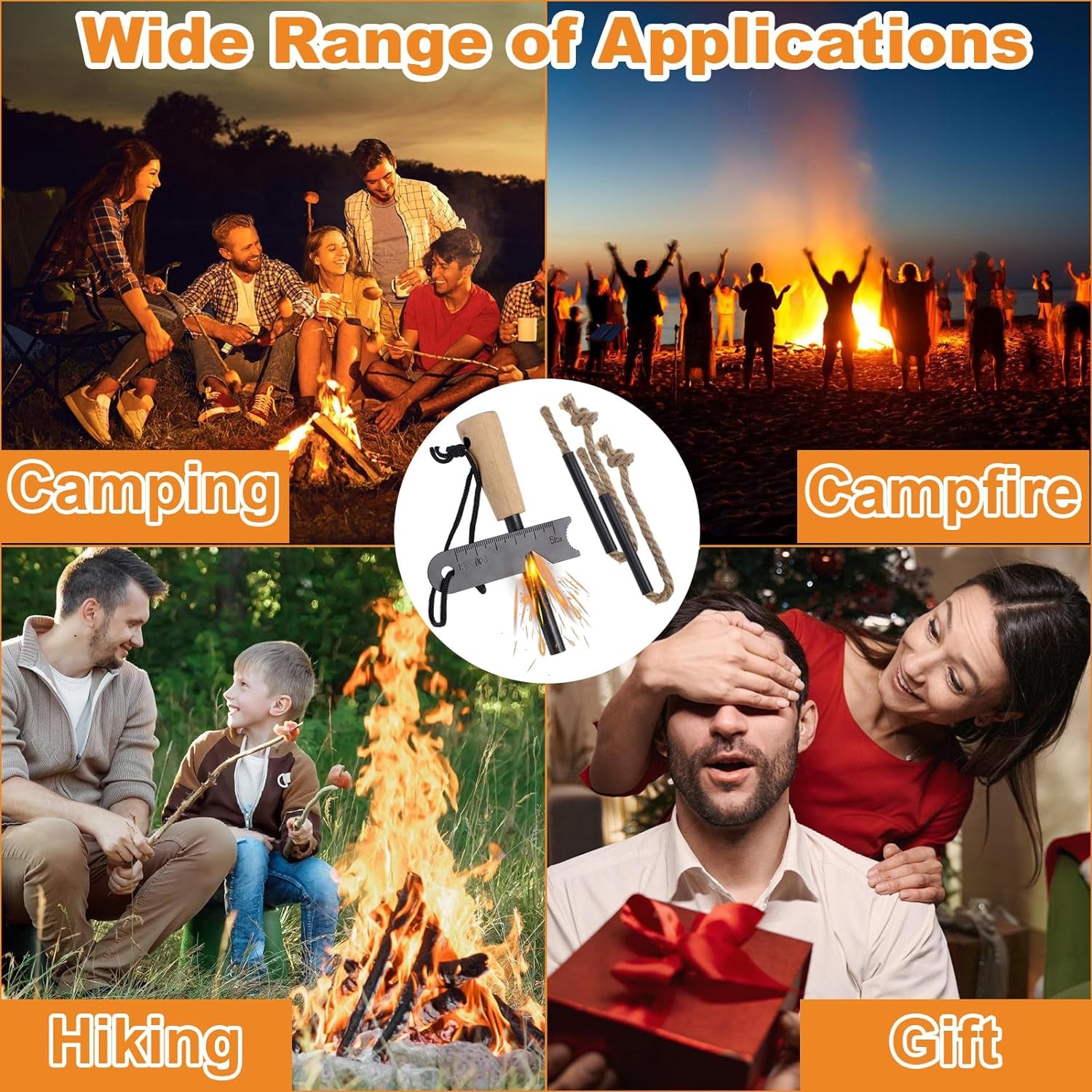 Fire Starter Survival Tool, Fire Starter Kit Includes Magnesium Rod Steel Striker, 2 Pcs Wick Hemp Rope & Multifunctional Outdoor Bag / 50 Pcs Wax-Soaked Fire Plugs, Fire Starters for Campfires