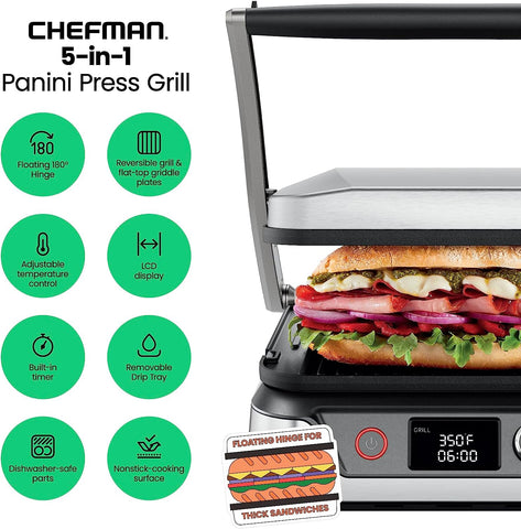 Image of 5-In-1 Digital Panini Press Grill Sandwich Maker and Griddle Grill Combo with Removable, Reversible Dishwasher-Safe Grilling Plates, Opens 180° for Indoor BBQ or Flat Top Grill