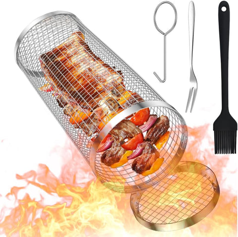 Image of Cooking Coll Rolling Grilling Basket,Round Stainless Steel BBQ Grill Mesh,Grill Baskets for Outdoor Grill,Barbecue Net Tube Grate Fish,Vegetable,Fries - Camping Picnic Cookware(Mid,7.87 X 3.54 Inch)