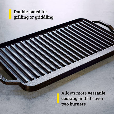 Image of Chef Collection Cast Iron Reversible Grill/Griddle - Cast Iron Flat Griddle & Grill for Stovetop, Oven, Grill, or Open Fire - Double Burner Cast Iron Skillet with Handles