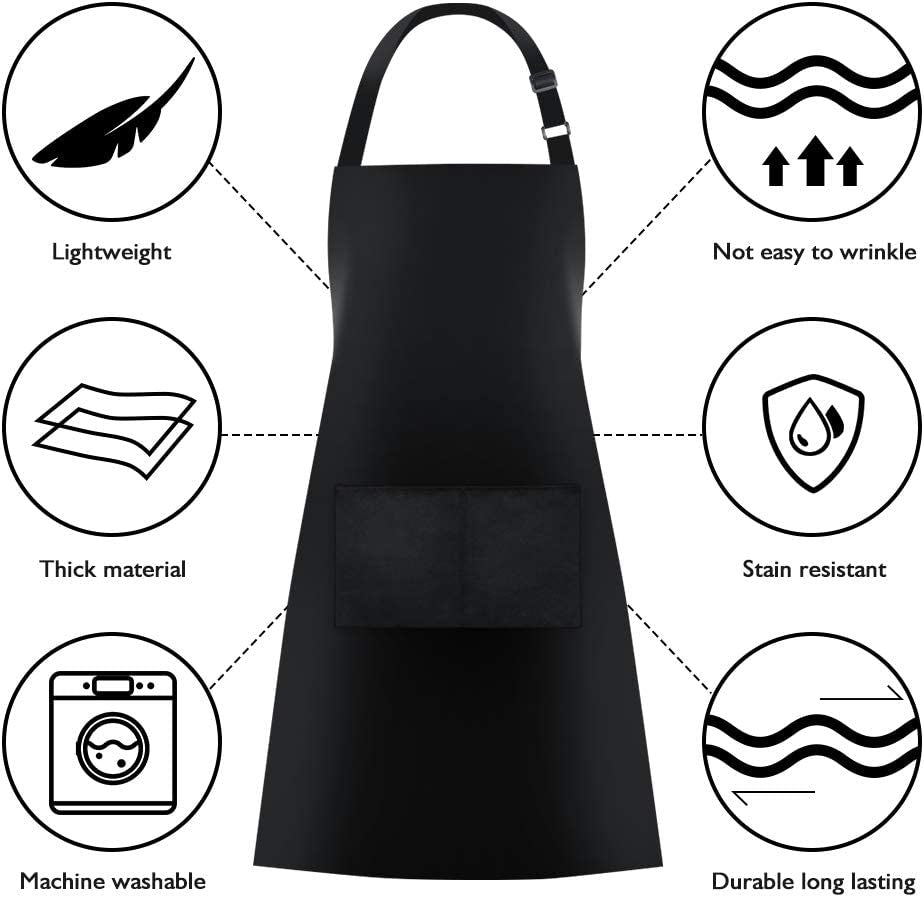 2 Pack Bib Aprons with 2 Pockets Cooking Chef Kitchen Apron for Women Men, Black