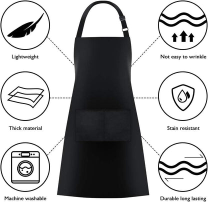 2 Pack Bib Aprons with 2 Pockets Cooking Chef Kitchen Apron for Women Men, Black