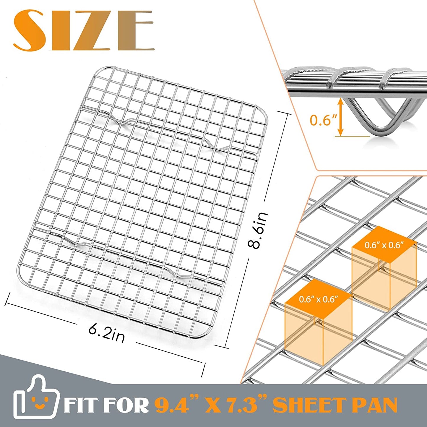 Small Baking Cooling Rack Set of 2, E-Far Stainless Steel Toaster Oven Rack for Cooking Roasting Grilling Meat, 8.6” X 6.2” Metal Bakeable Wire Rack for Cookie Cake Bacon - Dishwasher Safe