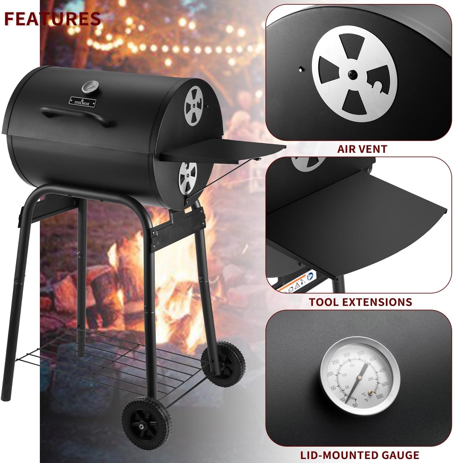 Charcoal Grills Outdoor BBQ Grill, Barrel Charcoal Grill with Side Table, with Nearly 500 Sq.In. Cooking Grid Area, Outdoor Backyard Camping Picnics, Patio and Parties, Black by