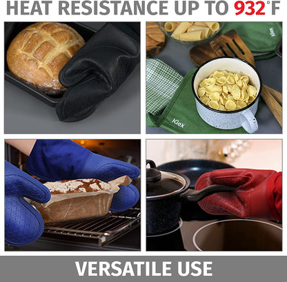 Extra Long Silicone Oven Mitts and Pot Holders, 932°F Degrees Heat Resistance with Quilted Liner Oven Gloves and Hot Pads, 4 Piece Set, 15 Inch, Black