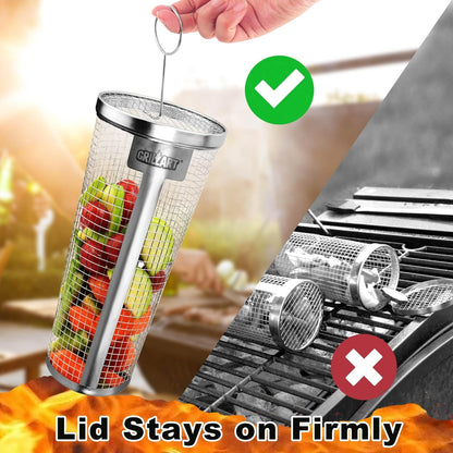 [Upgraded] Grill Basket 2 Pcs (Size XL), Dishwasher Safe Rolling Grilling Baskets for Outdoor Grilling, Stainless Steel BBQ Grill Basket for Veggies, Grill Nets Cylinder, Gifts for Men/Dad