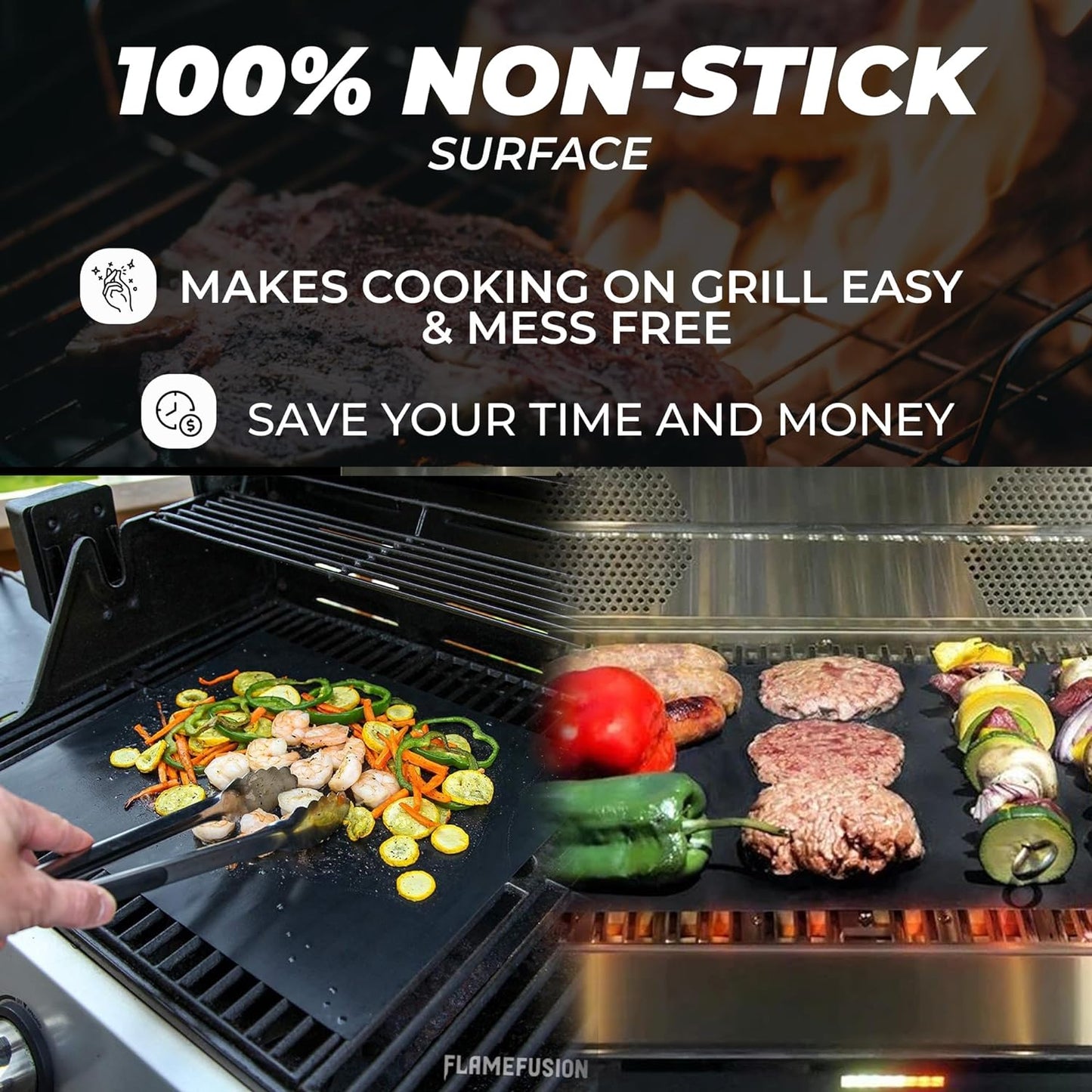 Flamefusion Grill Mat - Heavy Duty 600 Degree BBQ Grill Mat for Outdoor Grilling (Set of 5) | Extended Warranty