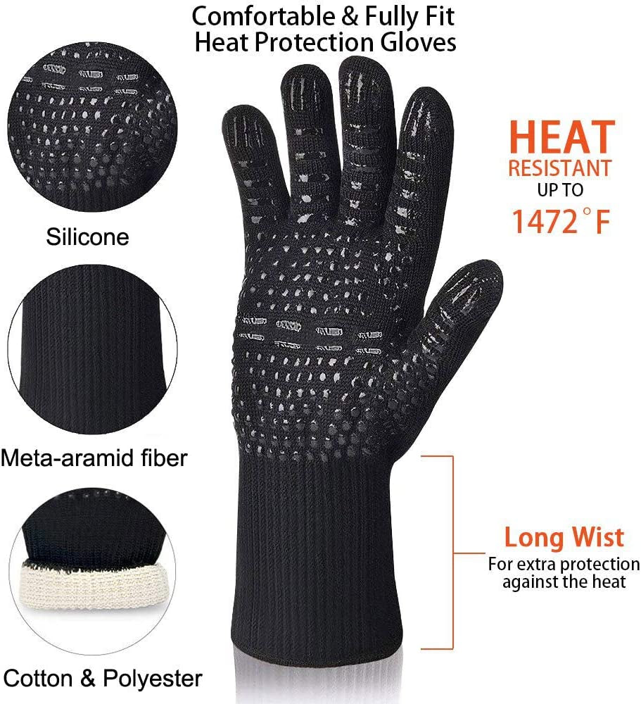 BBQ Grill Gloves, 1472°F Extreme Heat Resistant Grilling Gloves Non-Slip Oven Mitts Potholder, Perfect for Barbecue, Cooking, Baking, Fireplace, Smoker - 1 Pair (Black)