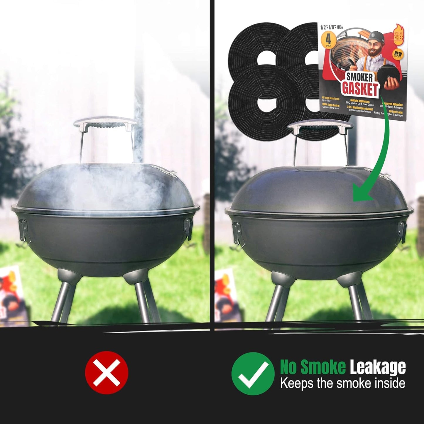 Smoker Chef XXL 40 FT Grill Gasket for Smokers - Black 1/2’’ X 1/8’’ Hi Temp Seal Smoker Gasket – 4-Pack X 10 FT Self Stick Black Nomex Fire Tape BBQ Lid – Bbq Grill Smoker Accessories Gifts for Men