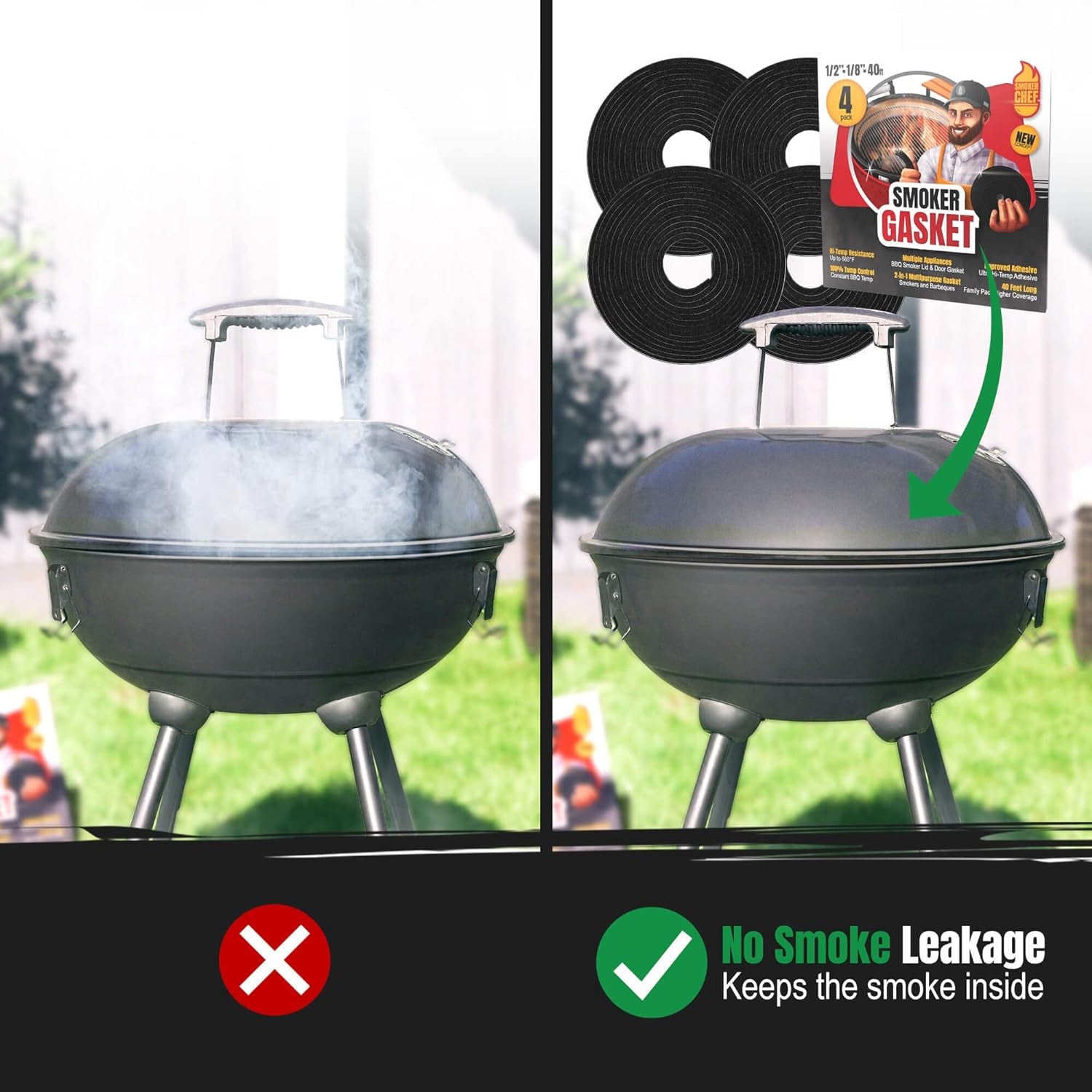 Smoker Chef XXL 40 FT Grill Gasket for Smokers - Black 1/2’’ X 1/8’’ Hi Temp Seal Smoker Gasket – 4-Pack X 10 FT Self Stick Black Nomex Fire Tape BBQ Lid – Bbq Grill Smoker Accessories Gifts for Men