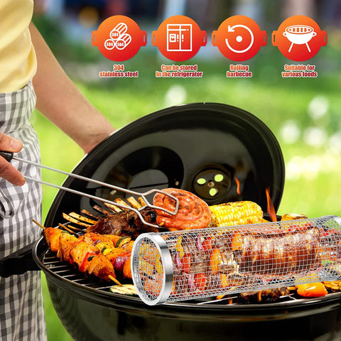 Image of Cooking Coll Rolling Grilling Basket,Round Stainless Steel BBQ Grill Mesh,Grill Baskets for Outdoor Grill,Barbecue Net Tube Grate Fish,Vegetable,Fries - Camping Picnic Cookware(Mid,7.87 X 3.54 Inch)