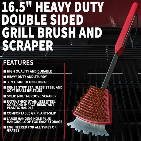 Image of Grill Brush and Scraper, BBQ Cleaning Brush for Outdoor Grill, Heavy Duty Double Sided Stainless Steel and Brass Bristles Grill Brush, BBQ Accessories for Porcelain, Cast Iron, Stainless Steel Grates