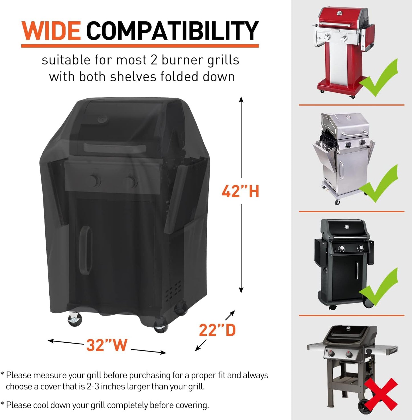 Arcedo Small Grill Cover 32 Inch, 2 Burner BBQ Gas Grill Cover, Heavy Duty Waterproof Outdoor Barbecue Cover, Fits Weber, Char Broil, Nexgrill and More Grills with Collapsed Side Tables