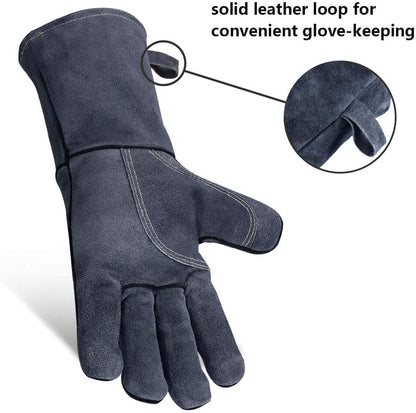 932°F Heat Resistant Forge Welding Gloves 14 Inches Cowhide Leather - Long Sleeve and Insulated Lining Grill Glove for Tig Welder/Mig/Barbecue/Green Egg/Stove Gray