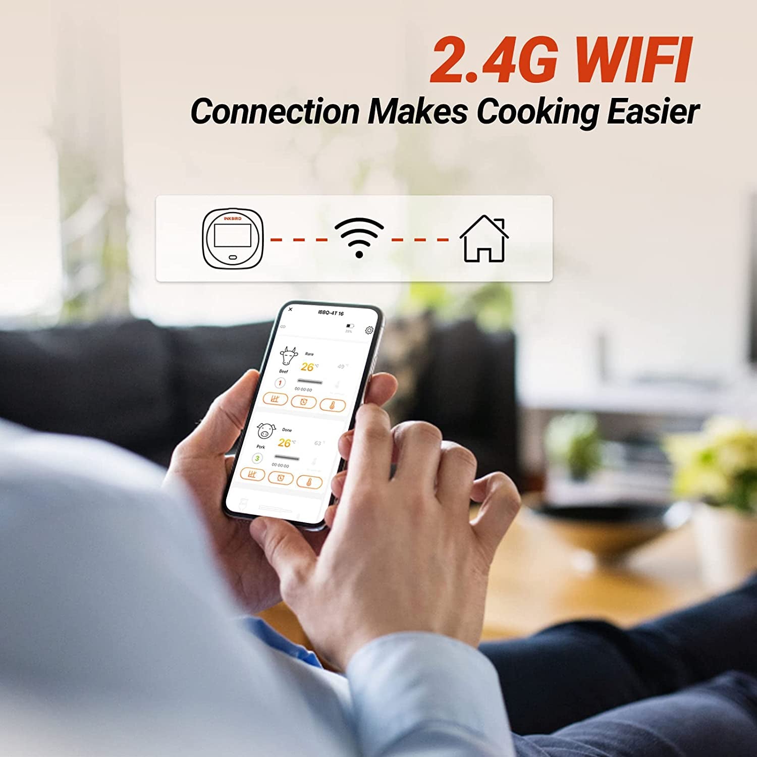 Wifi Grill Thermometer, Wireless BBQ Thermometer for Grilling Roasting Cooking Smart Digital Remote Meat Thermometer with Graph Alarm Timer 4 Probes Rechargeable