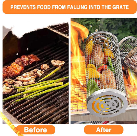 Image of 2PCS Rolling Grilling Basket - Rolling Grilling Baskets for Outdoor Grill, Stainless Steel Wire Mesh Cylinder Grill Basket, BBQ Accessories, Camping Barbecue Rack for Vegetables, Fish