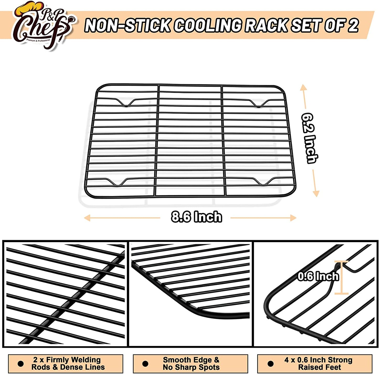 P&P CHEF Baking Rack Set of 2, Non-Stick Mini Cooling Racks for Cooking Grilling, 2 Pack 8.6” X 6.2” Roasting Drying Rack for Small Toaster Oven Use, Stainless Steel Core, Non-Toxic & Easy to Clean