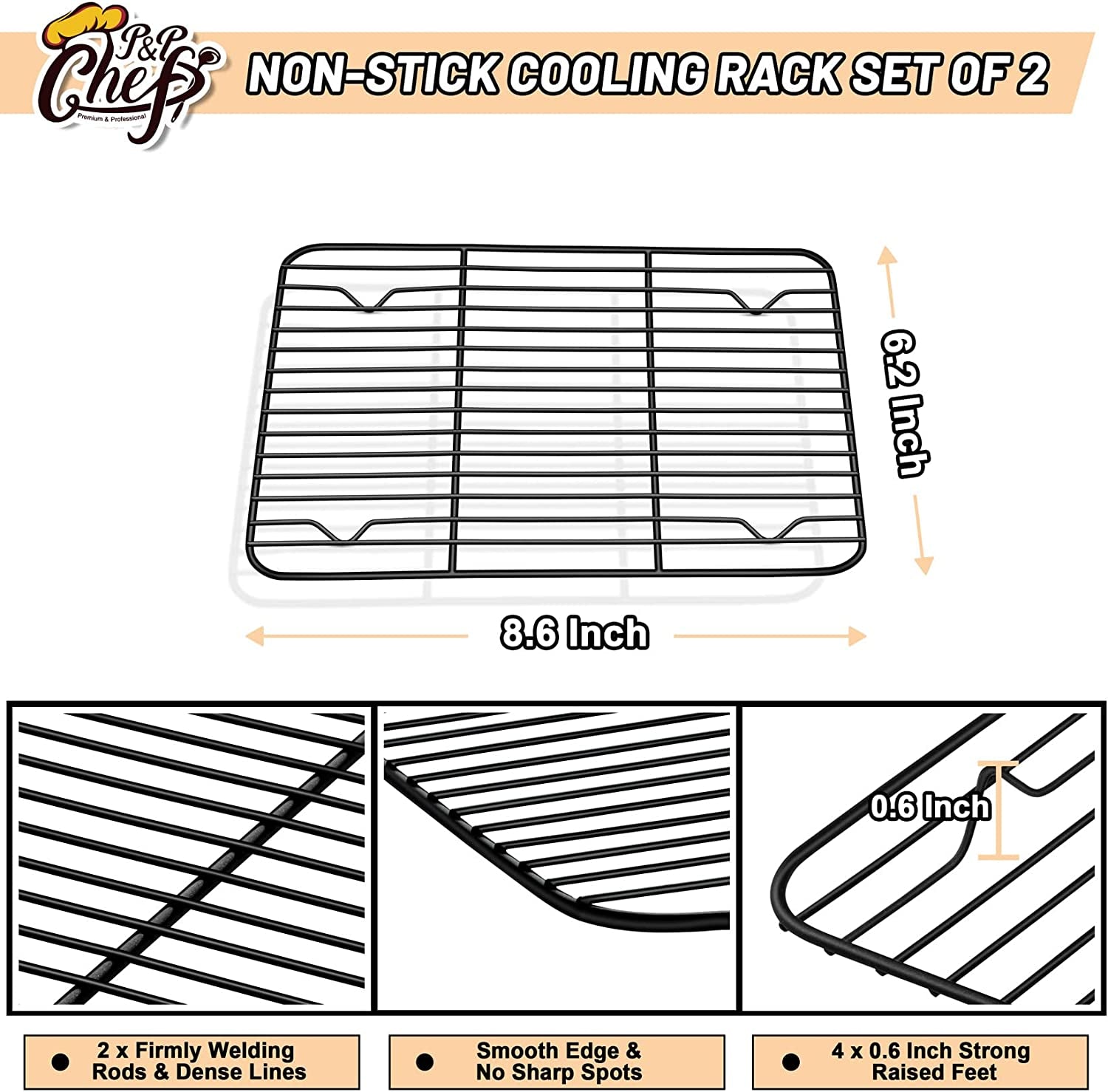 P&P CHEF Baking Rack Set of 2, Non-Stick Mini Cooling Racks for Cooking Grilling, 2 Pack 8.6” X 6.2” Roasting Drying Rack for Small Toaster Oven Use, Stainless Steel Core, Non-Toxic & Easy to Clean