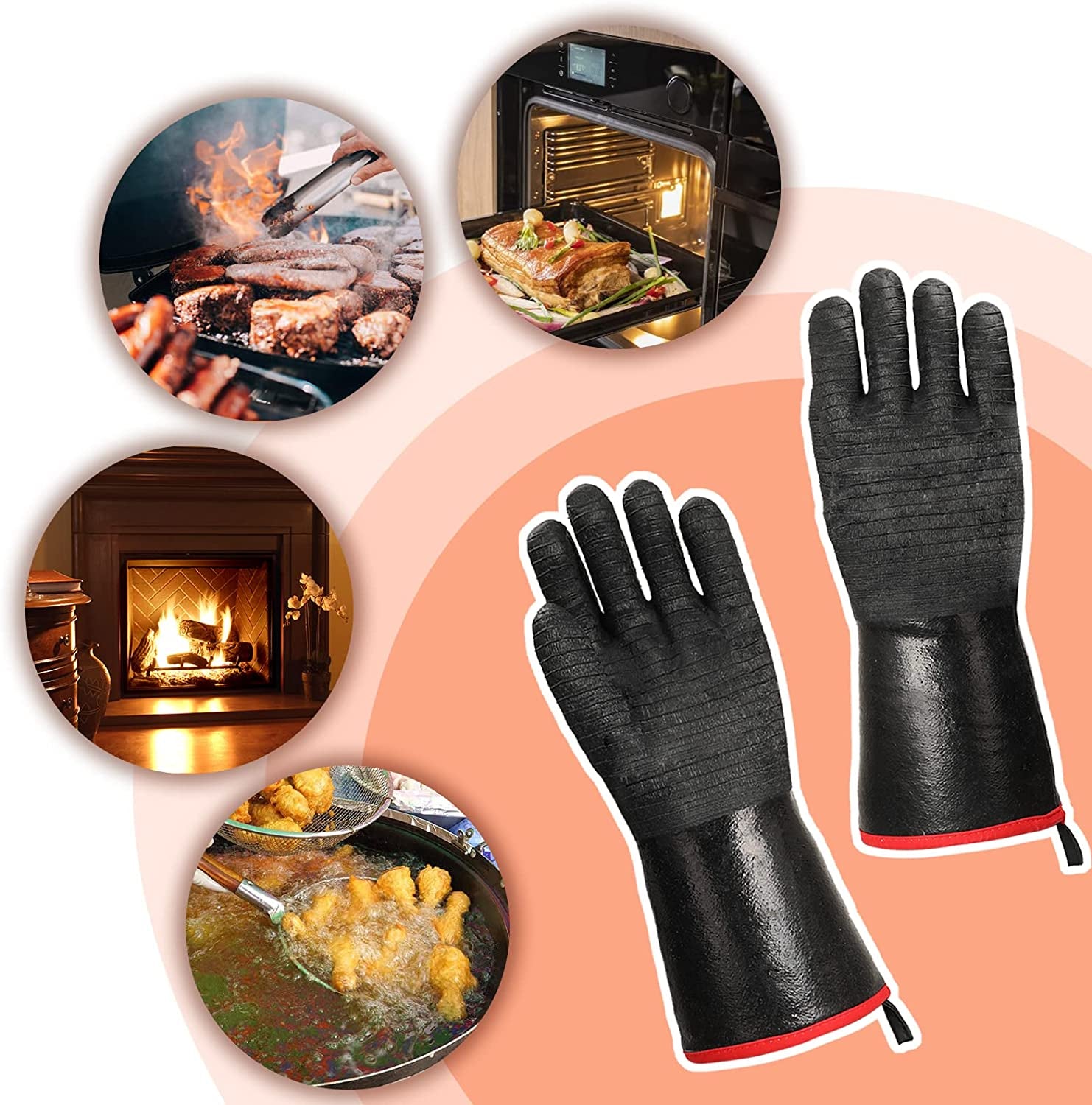 Grill BBQ Gloves 932℉ Heat Resistant Cooking Barbecue Gloves Waterproof Grilling Gloves for Turkey Fryer, Baking, Oven, Oil Resistant Neoprene Coating with Long Sleeve