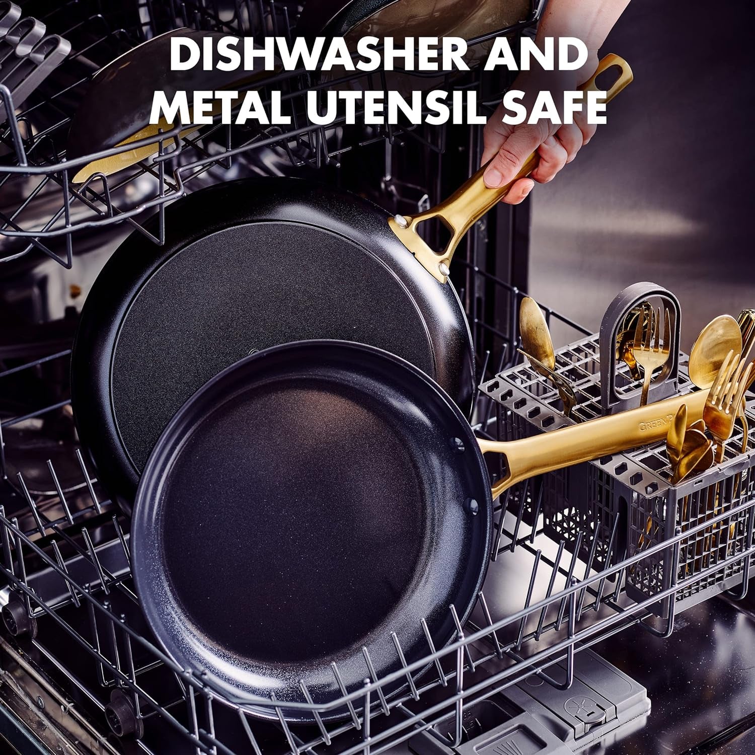 Reserve Hard Anodized Healthy Ceramic Nonstick, 11" Grill Pan with Lid, Gold Handle, Pfas-Free, Dishwasher Safe, Black