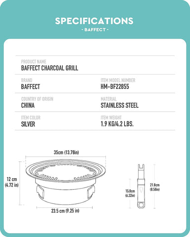 Image of Baffect BBQ Charcoal Grill, 13.7 Inch Non-Stick Stainless Steel Korean Barbecue Grill, Portable Charcoal Stove for Outdoors Camping Picnic and Indoor Party Cooking