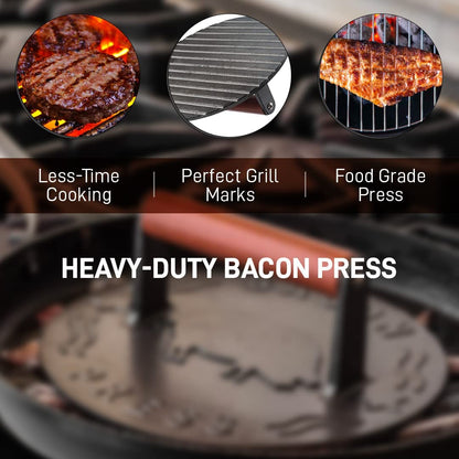 Bellemain Bacon Press 8.5-Inch round | Heavy-Duty Cast Iron Grill Press for Perfectly Seared Bacon, Steak & Sandwiches | Equalized Weight Distribution | Food-Grade Press with Wood Handle | 3 Lbs
