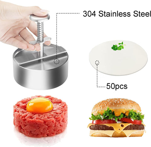 Image of Adjustable Burger Press, Grill Burger Smasher Hamburger Patty Maker, Non-Stick Stuffed,Graduated inside Meat Grinder Making Mold with 50 Pcs Wax Disc Papers, Perfect for Burgers Patties Cooking BBQ