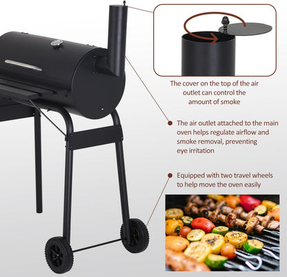 Charcoal Grills Outdoor BBQ Grill Offset Smoker with Wheels Side Fire Box Portable Barbecure Grill for Outdoor Cooking Backyard Camping Picnics,Black