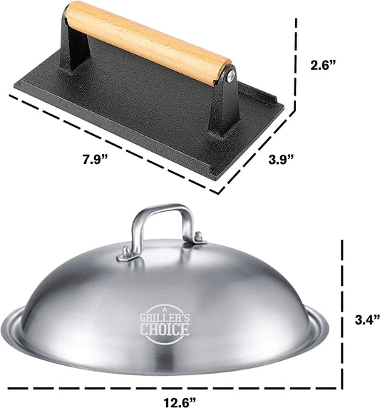 Grillers Choice Griddle Accessories, Flat Top Grill Accessories.Commercial Quality Cast Iron Grill Press and Melting Dome. Griddle Grill Dome for Cooking and Griddle Cheese Press.