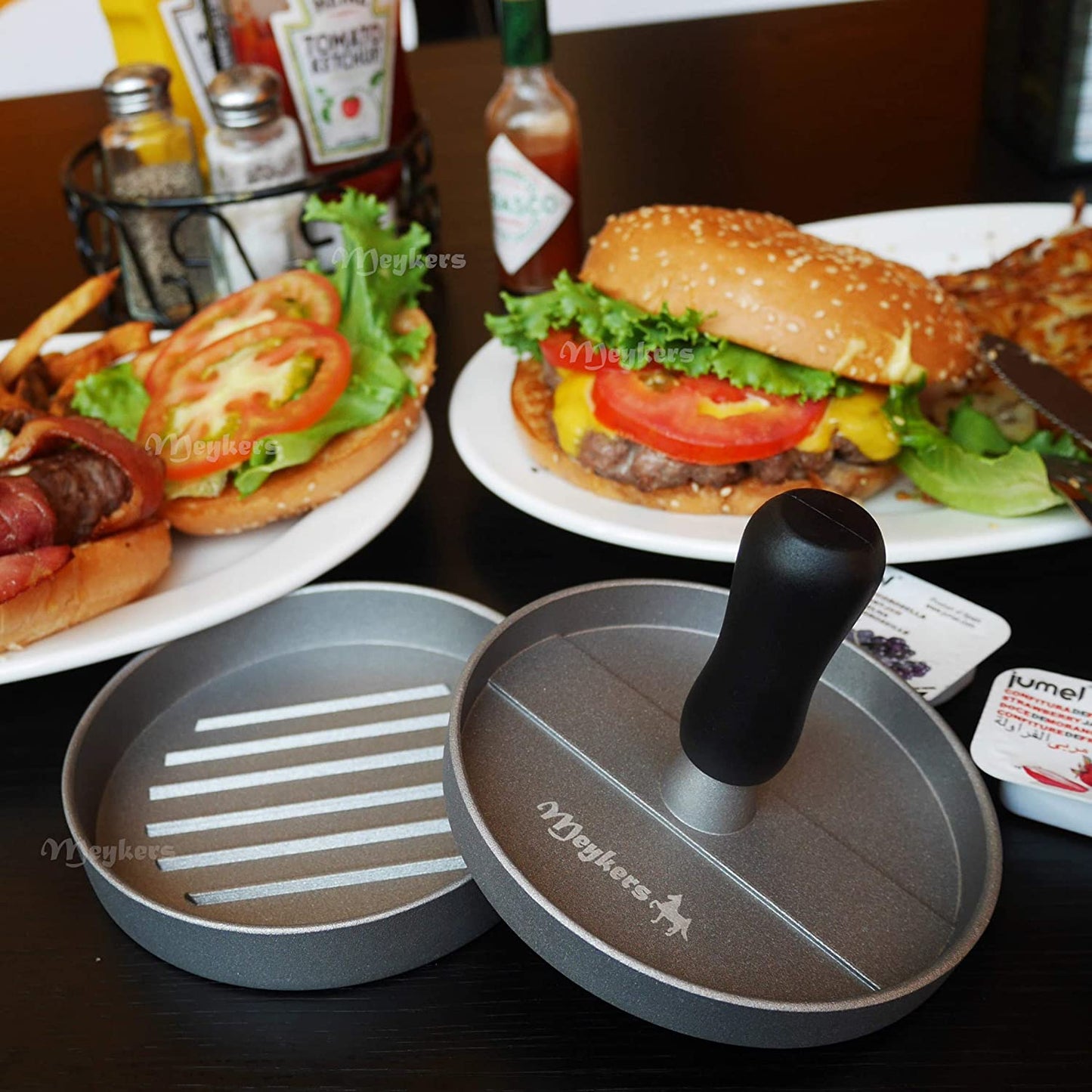 Meykers Burger Press 100 Patty Papers Set | Non-Stick Hamburger Mold with Free Wax Patty Paper Sheets | Meat Beef Cheese Veggie Burger Maker for Grill Griddle BBQ Barbecue | BPA Free