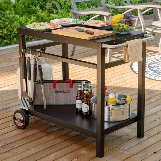 Dining Cart Table with Double-Shelf, Movable Steel Flattop Worktable, Hooks, Side Handle, Multifunctional and Commercial PC3401B (Black)