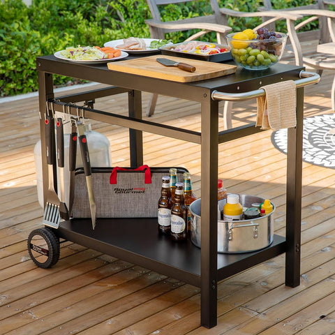 Image of Dining Cart Table with Double-Shelf, Movable Steel Flattop Worktable, Hooks, Side Handle, Multifunctional and Commercial PC3401B (Black)