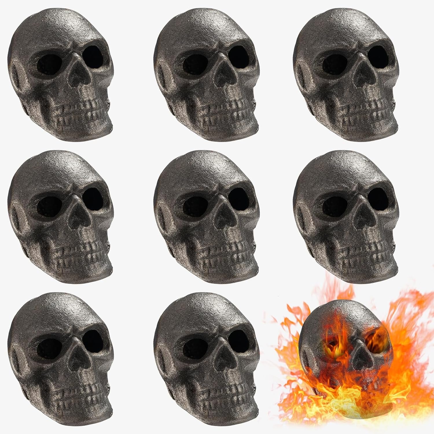 Metal Fireproof Fire Pit Skulls | Set of 8 | Spooky Ceramic Skeleton Props, Reusable Gothic Decor for Outdoor & Indoor Fireplaces, for Bonfire, Campfire, Firepit, BBQ, Creepy Home Decor