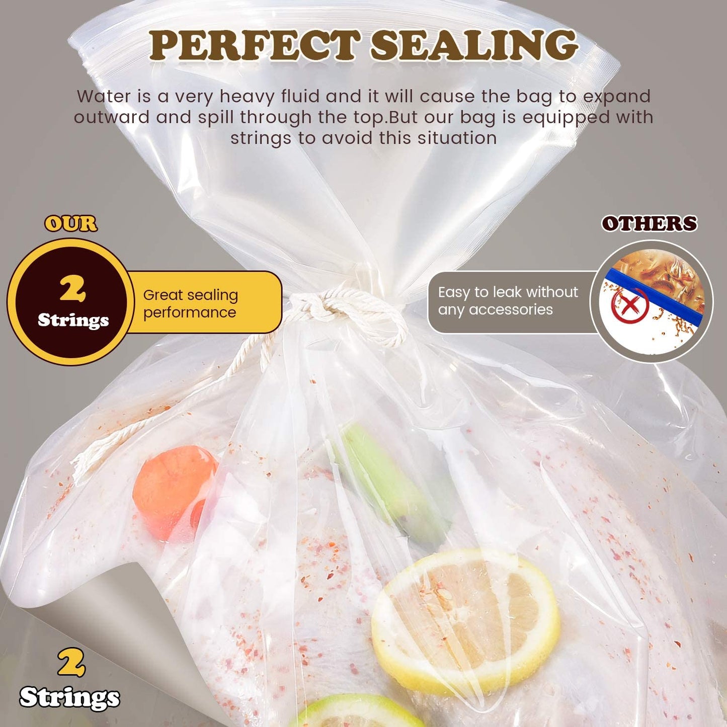 Turkey Brining Bag, 26"×22", 2 Pack, Extra Large Brine Bag with 2 Strings and 2 Larger Clips, Thickened Brining Bag Holds up to 35 Pounds, Double Zippers Seal Brine Bags for Turkey, Chicken, Beef,Pork