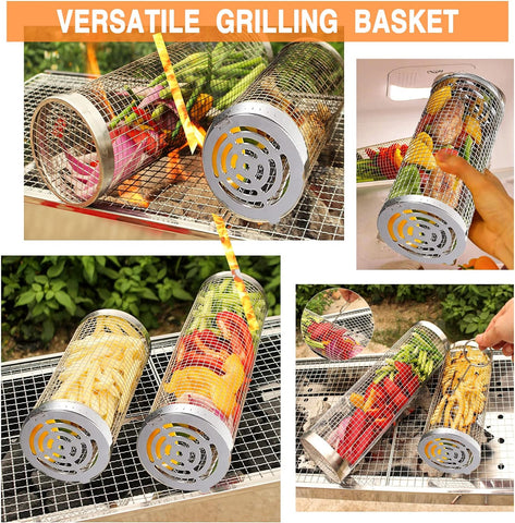 Image of 2PCS Rolling Grilling Basket - Rolling Grilling Baskets for Outdoor Grill, Stainless Steel Wire Mesh Cylinder Grill Basket, BBQ Accessories, Camping Barbecue Rack for Vegetables, Fish