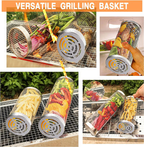 2PCS Rolling Grilling Basket - Rolling Grilling Baskets for Outdoor Grill, Stainless Steel Wire Mesh Cylinder Grill Basket, BBQ Accessories, Camping Barbecue Rack for Vegetables, Fish