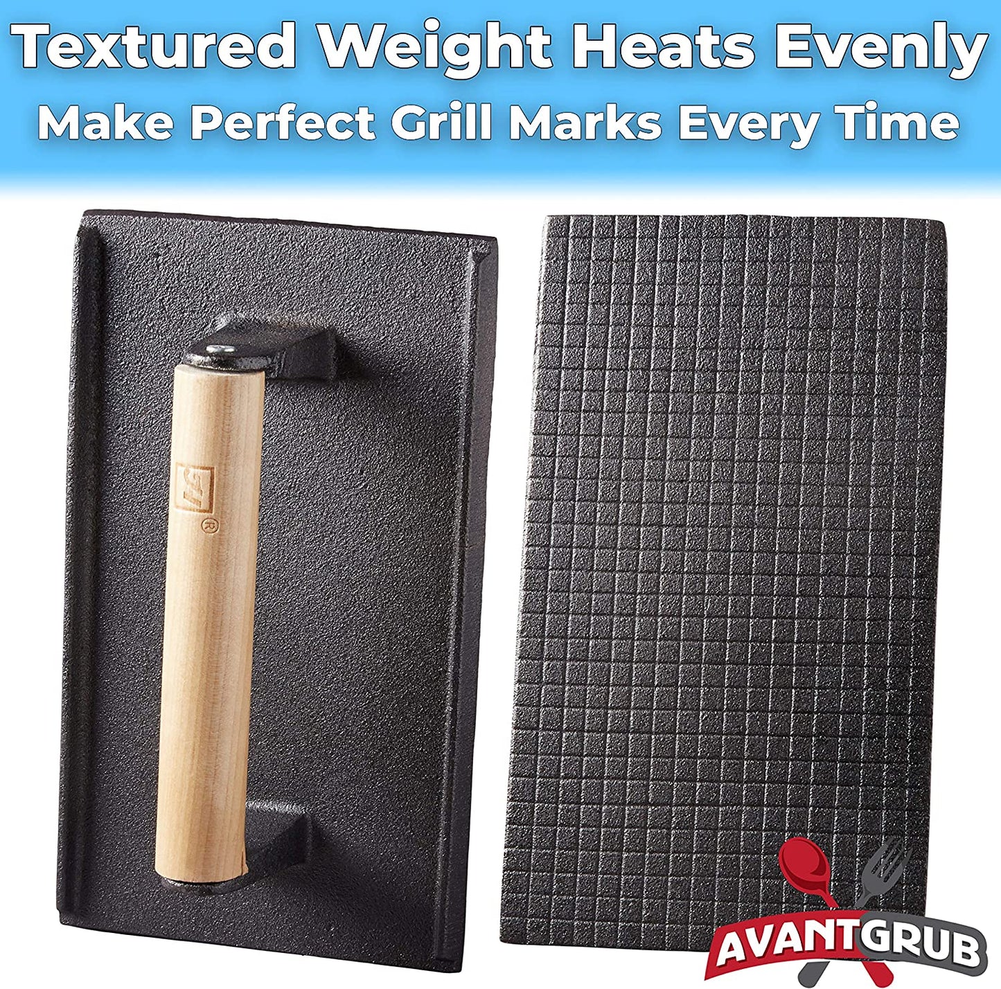 Pro Grade, Pre Seasoned Cast Iron Grill Weight 2Pk. Heavy Duty Steak and Burger Press with Wooden Handle for Grills, Griddles and Flattops. Perfect Gadget for Bacon, Paninis, Sandwiches and Vegetables