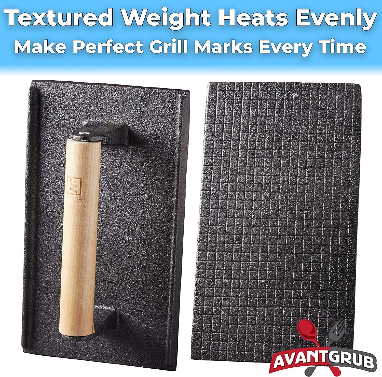 Pro Grade, Pre Seasoned Cast Iron Grill Weight 2Pk. Heavy Duty Steak and Burger Press with Wooden Handle for Grills, Griddles and Flattops. Perfect Gadget for Bacon, Paninis, Sandwiches and Vegetables