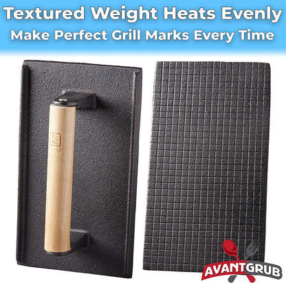 Pro Grade, Pre Seasoned Cast Iron Grill Weight 2Pk. Heavy Duty Steak and Burger Press with Wooden Handle for Grills, Griddles and Flattops. Perfect Gadget for Bacon, Paninis, Sandwiches and Vegetables