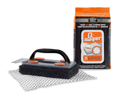 Q-Swiper BBQ Grill Cleaner Set - 1 Grill Brush with Scraper and 25 BBQ Grill Cleaning Wipes | No Bristles & Wire Free | Safe Way to Remove Grease and Grime for a Clean and Healthy Grill!