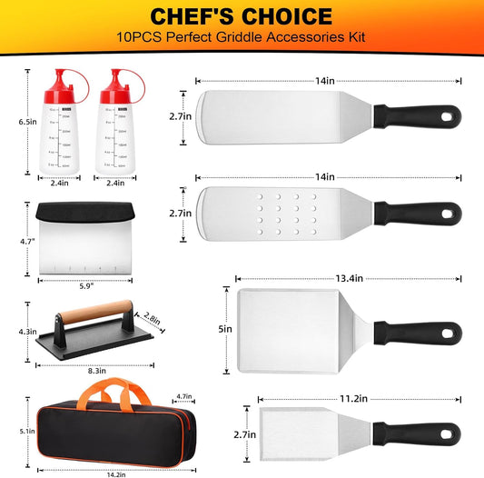 CEKEE 10PCS Blackstone Griddle Accessories Kit, Flat Top Grill Accessories Kit for BBQ and Camp Chef, Grill Spatula Set with Enlarged Griddle Spatula, Burger Press, Scraper for Outdoor BBQ Cooking