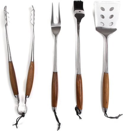 Schmidt Brothers - BBQ Bonded Teak 4 Piece Grilling Accessory Set, Full-Forged Stainless Steel Grilling Utensils Including Spatula, Fork, Basting Brush, and Tongs with All Wood Handles