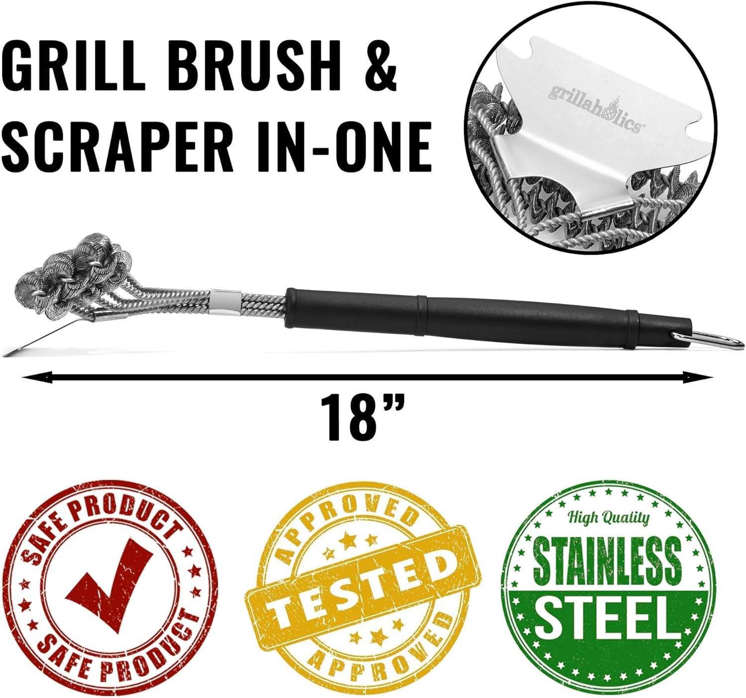 Grill Brush Bristle Free - Safe Grill Cleaning with No Wire Bristles - Professional Heavy Duty Stainless Steel Coils and Scraper - Lifetime Manufacturers Warranty