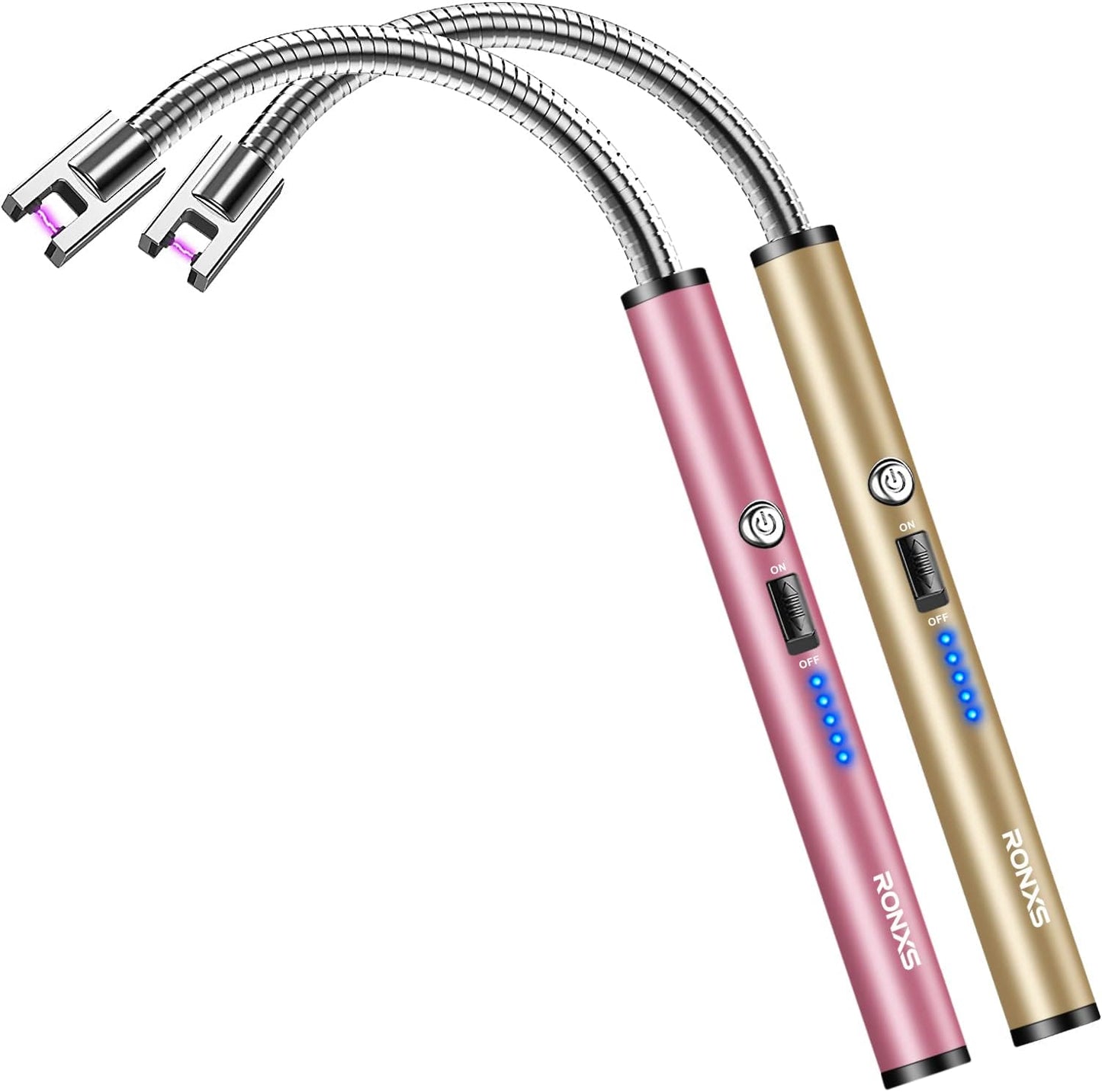RONXS Lighter Electric Lighter Rechargeable Arc USB Candle Lighters with LED Battery Display, Flexible Neck Windproof Flameless Plasma Long Lighters for Candle BBQ Camping (N-Pink&Gold)