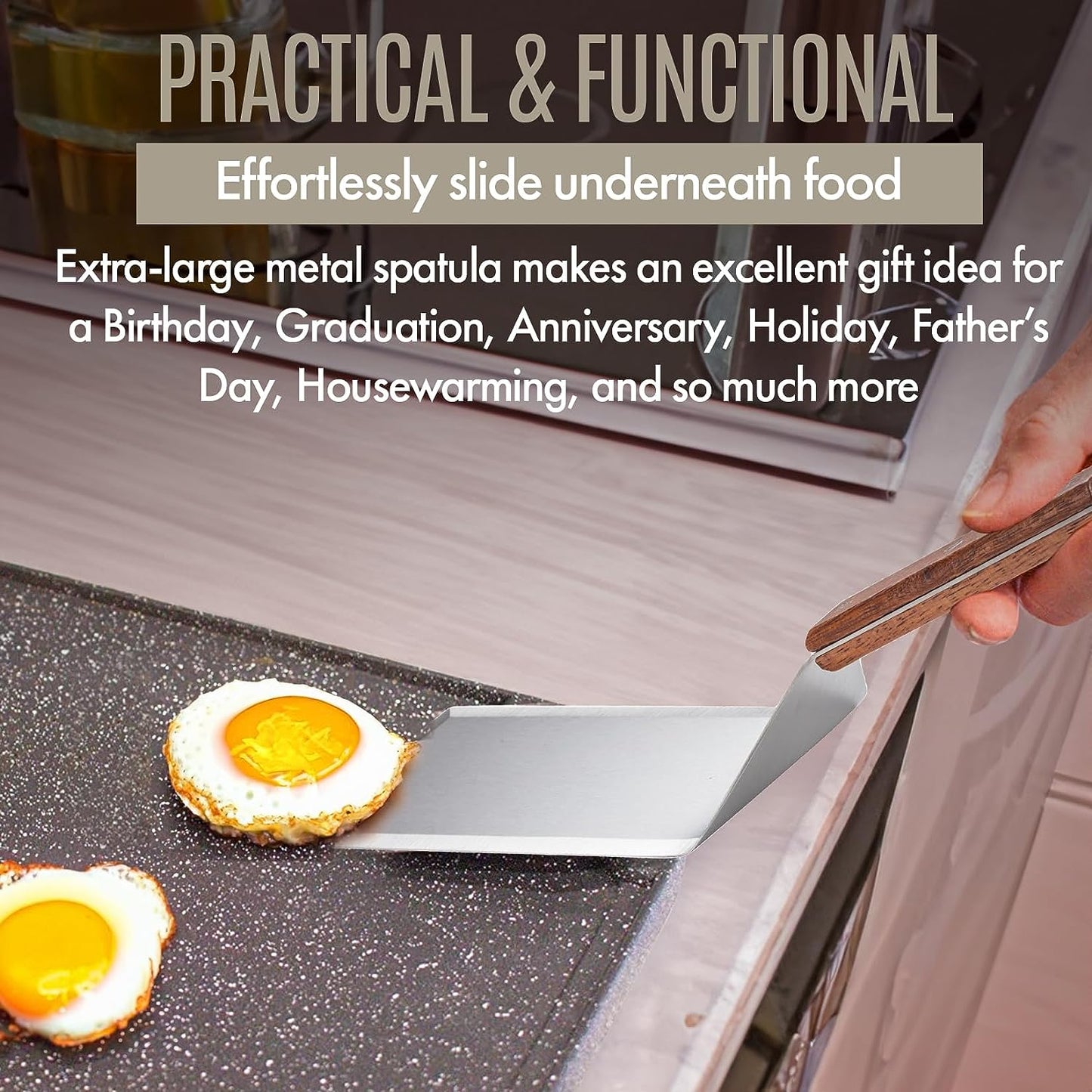 LUSHIG Stainless Steel Spatula with Wooden Handle, 8 Inch Metal Spatula for Cast Iron Skillet, Pancake Flipper Spatula with Beveled Edges, Food Flipper for Grilling, Cooking Scraper BBQ Grill Flat Top