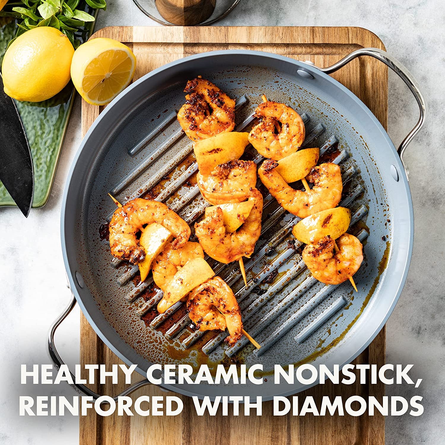 Valencia Pro Hard Anodized Healthy Ceramic Nonstick 11" Grill Pan, Pfas-Free, Induction, Dishwasher Safe, Oven Safe, Gray