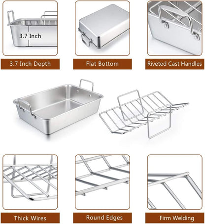 Roasting Pan with Rack, P&P CHEF 14 Inch Stainless Steel Roaster Lasagna Pan & V-Shaped Rack & Roasting Rack, Non Toxic & Heavy Duty, Brushed Surface & Dishwasher Safe, Rectangular